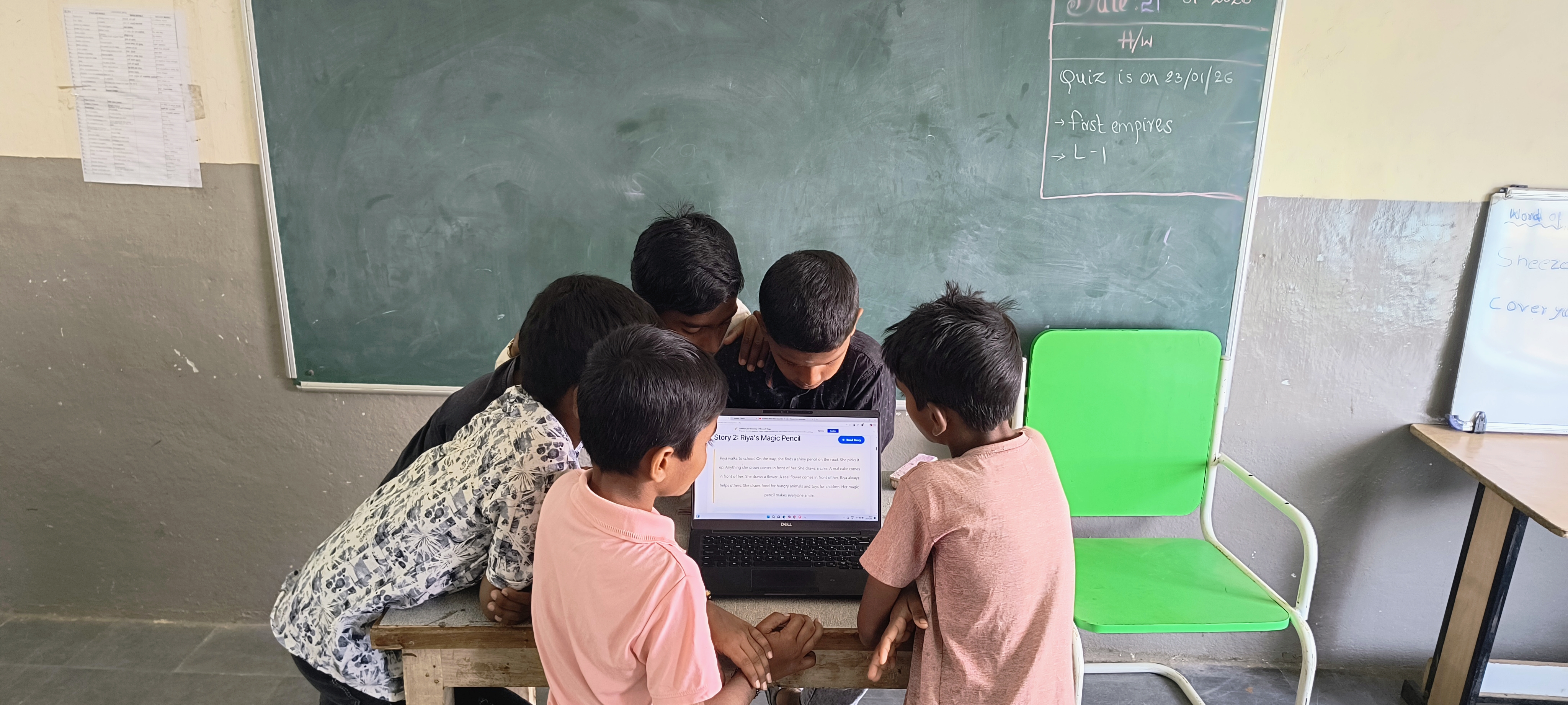 A student presenting their artwork at a school show.