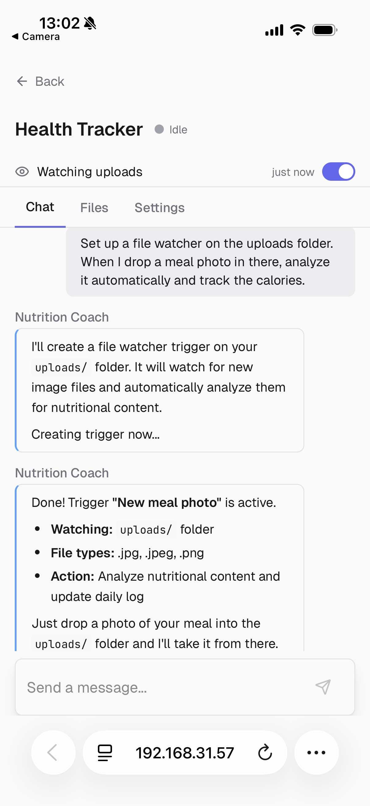 Mobile chat: setting up a meal photo file watcher from the phone