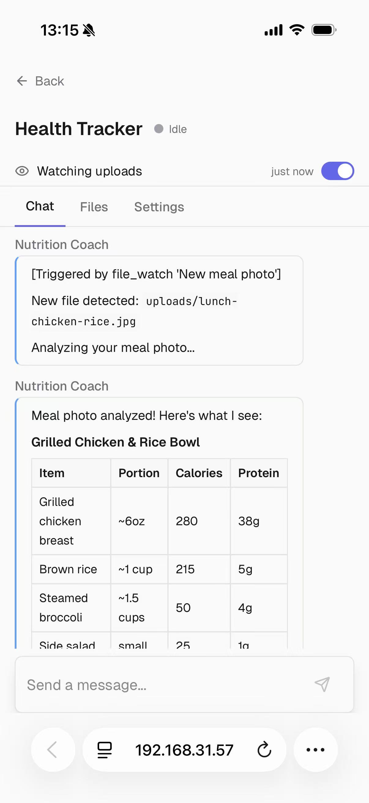 Mobile chat: the agent automatically analyzing a dropped meal photo