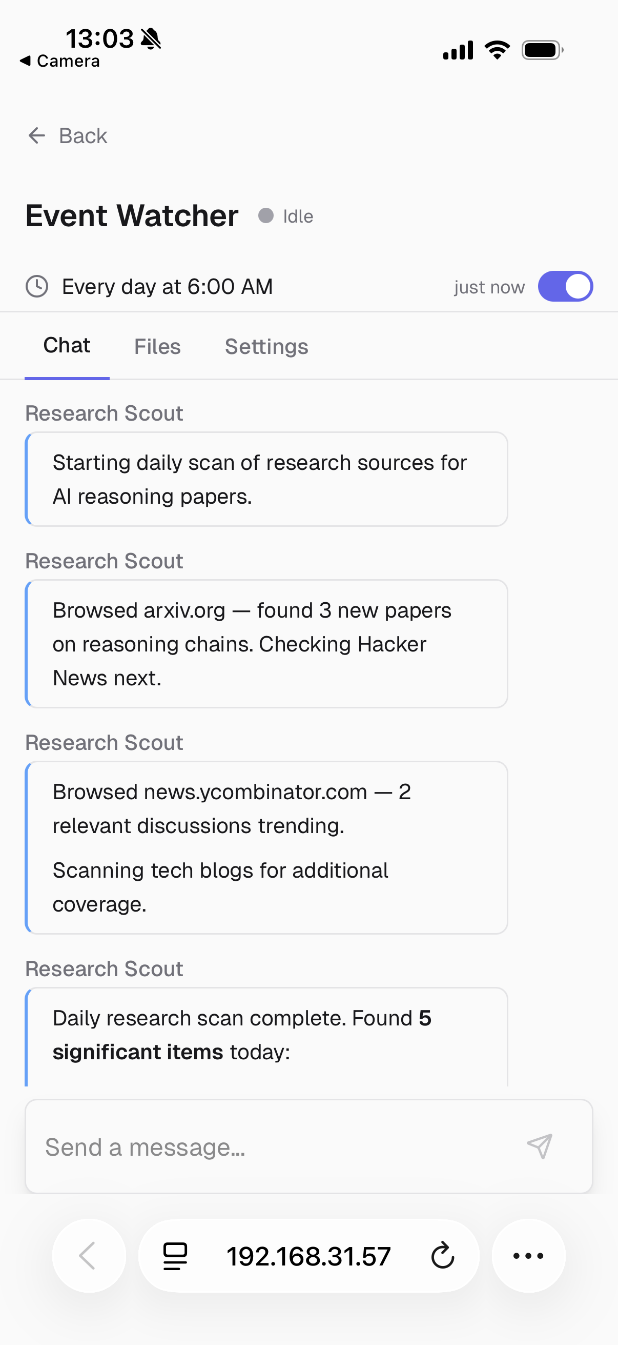Mobile view of the agent browsing arxiv.org, scanning research papers on a daily schedule