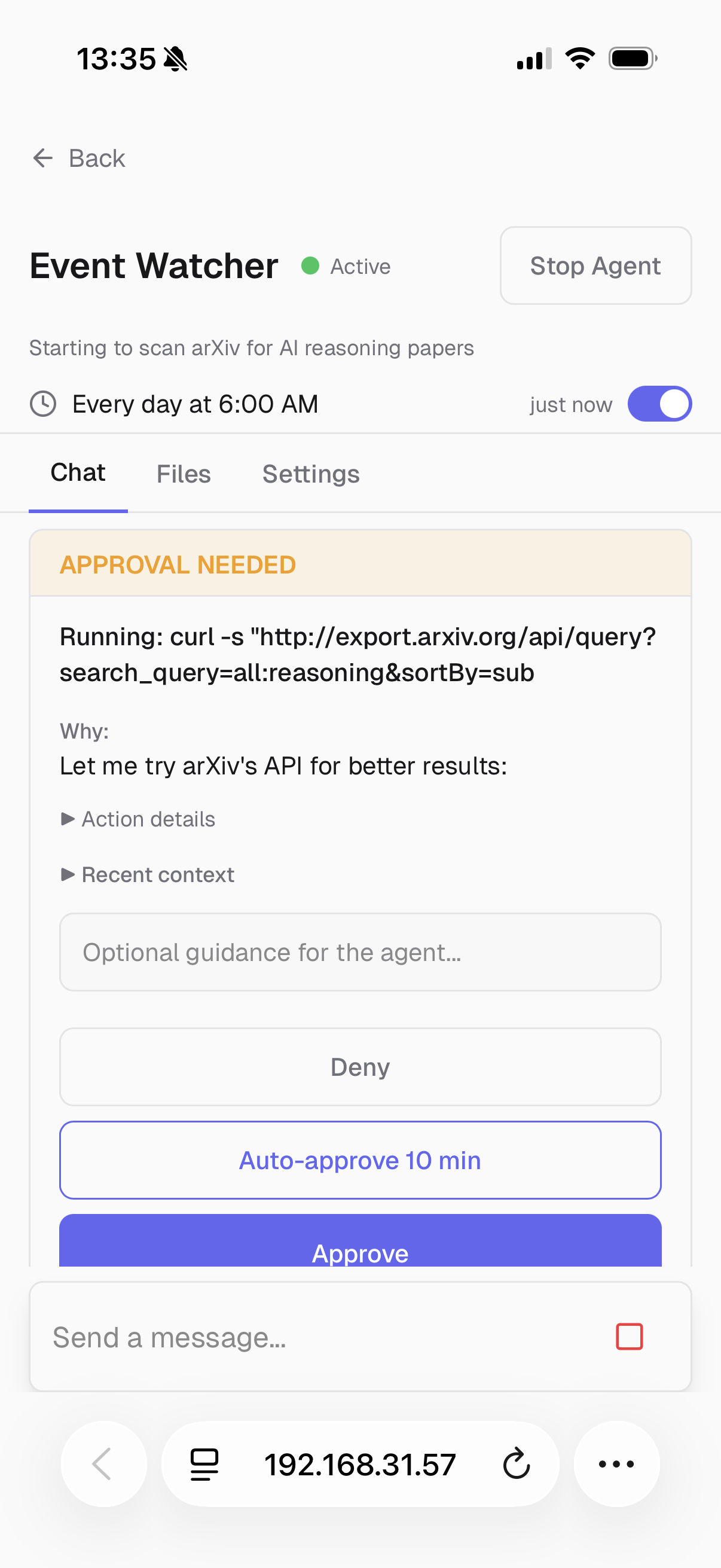 Mobile approval card: approving an agent action from the phone with full context