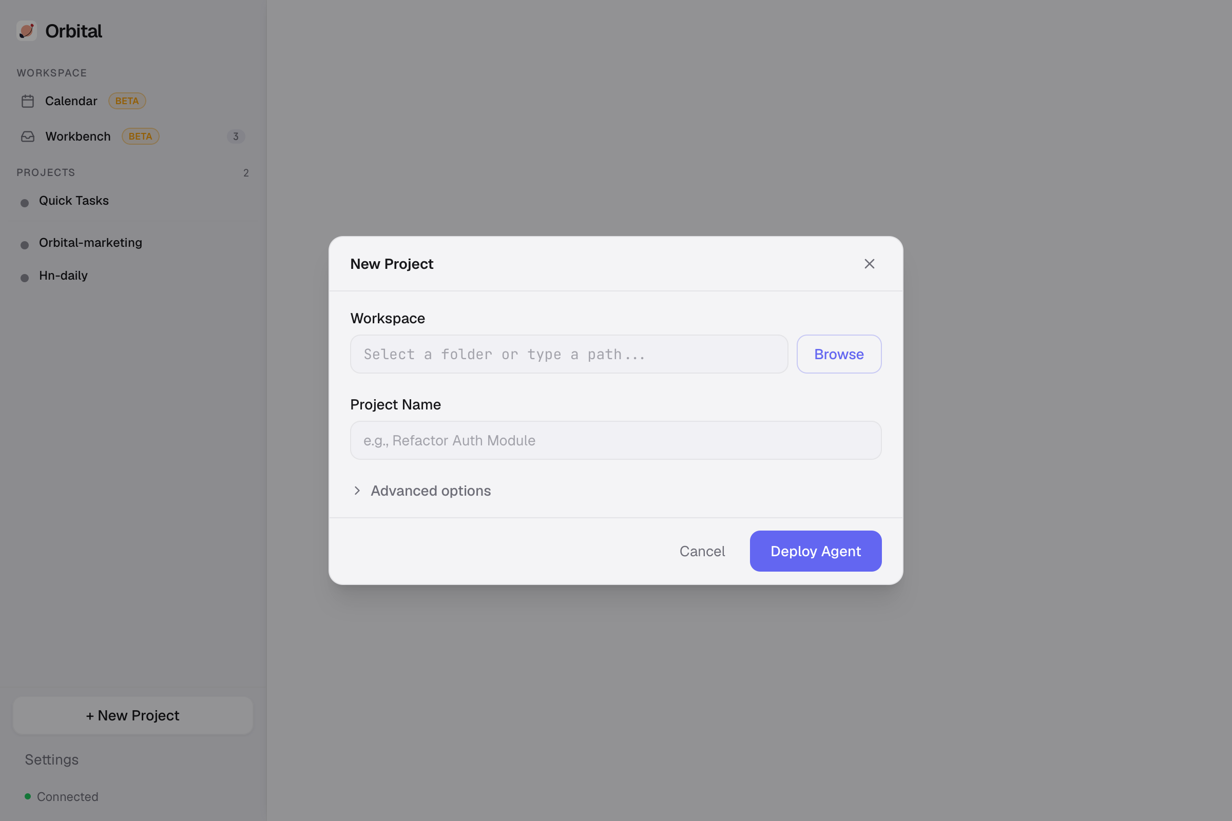 New project creation dialog with workspace directory and autonomy level settings