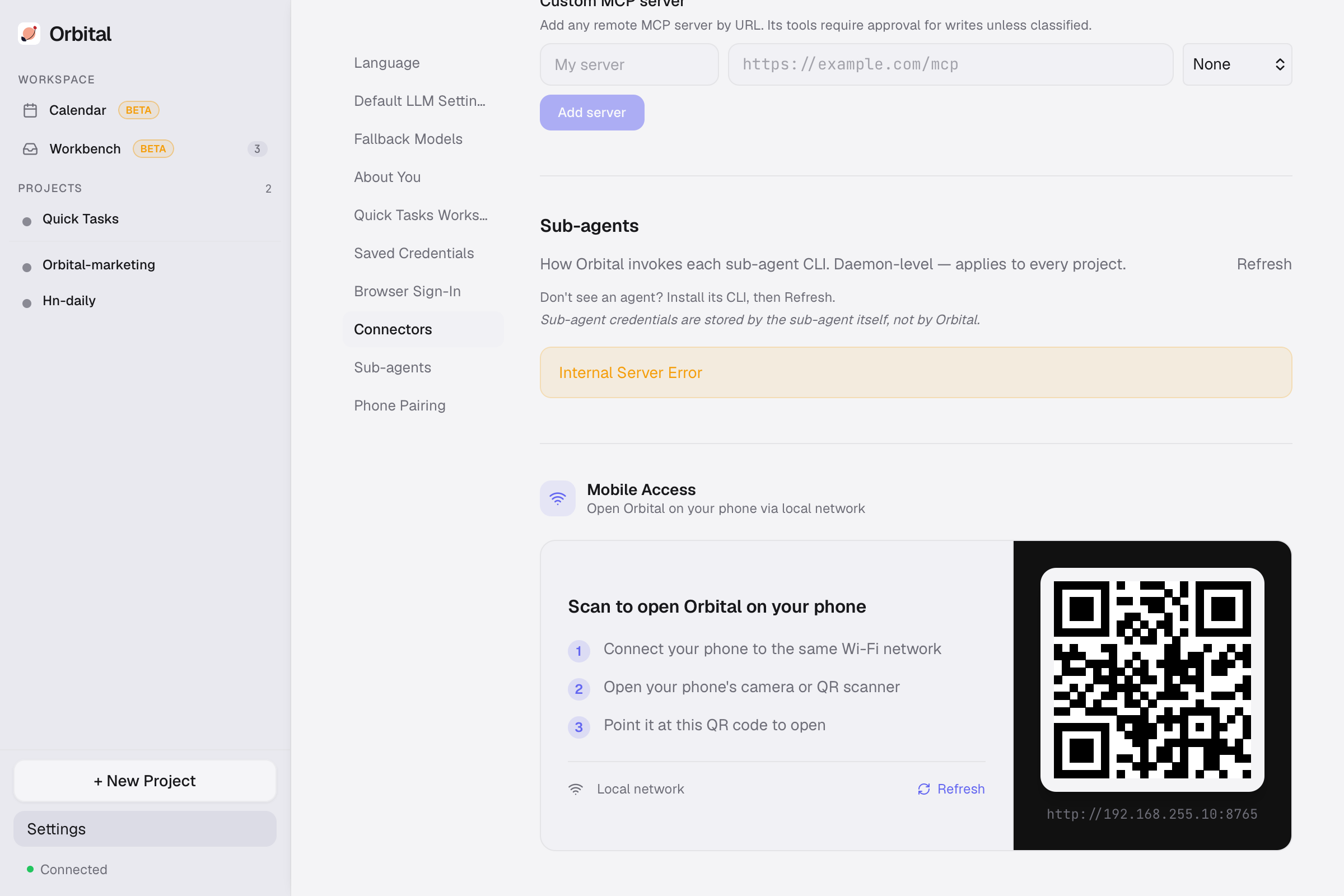 QR code in Settings for mobile access on the local network