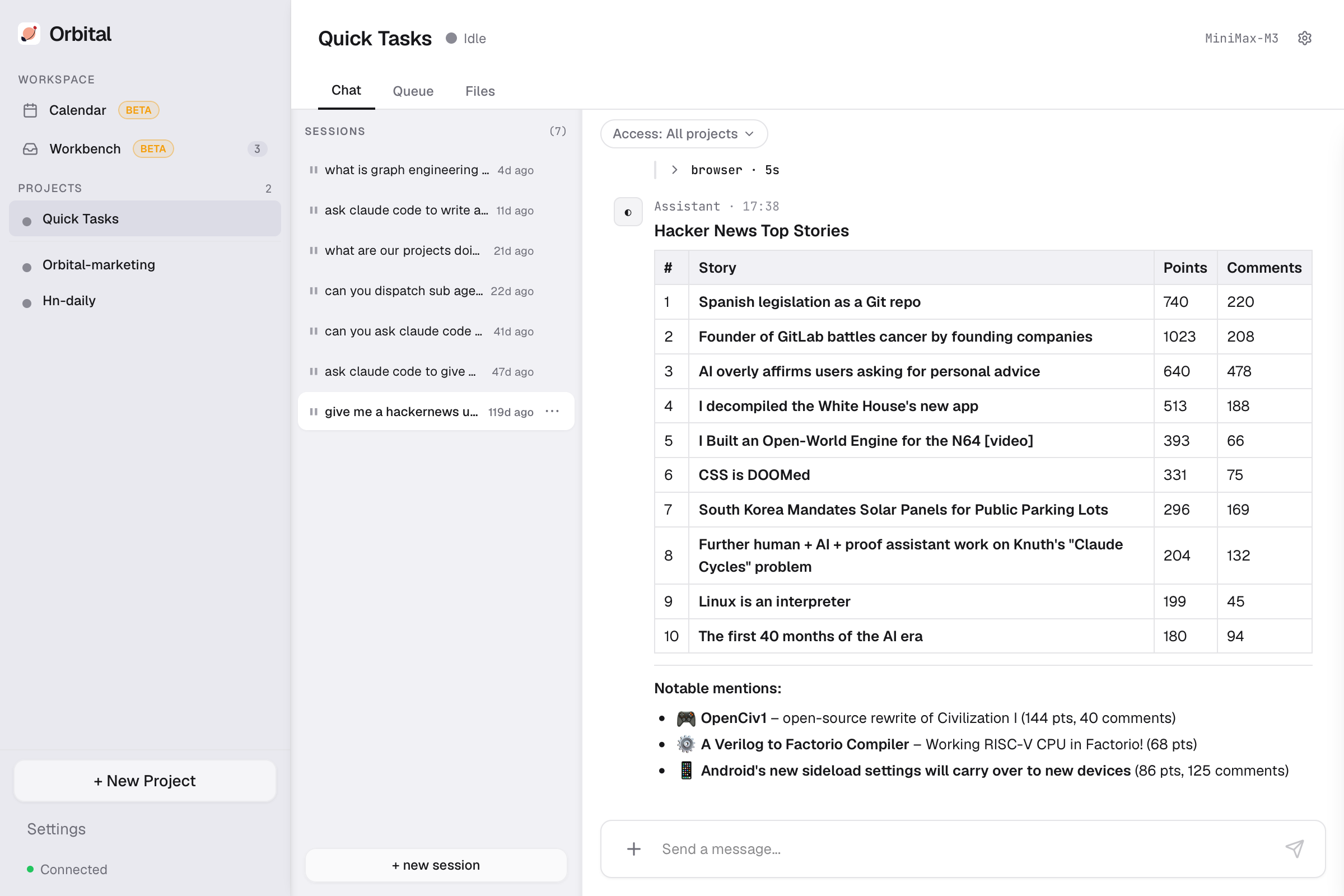 A fire-and-forget Quick Task (browsing Hacker News) returning structured results