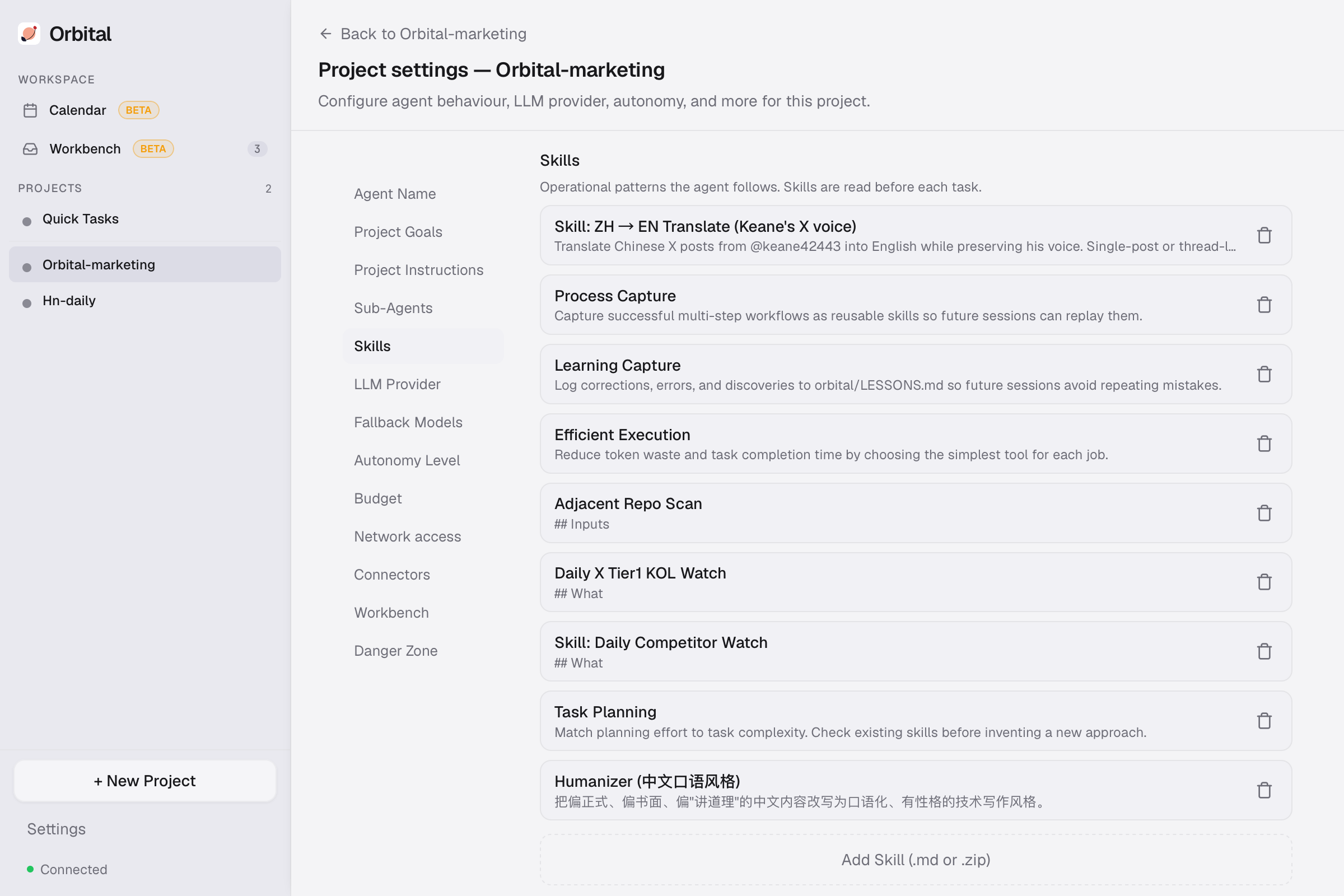 Skills section in project settings: reusable operational patterns the agent follows