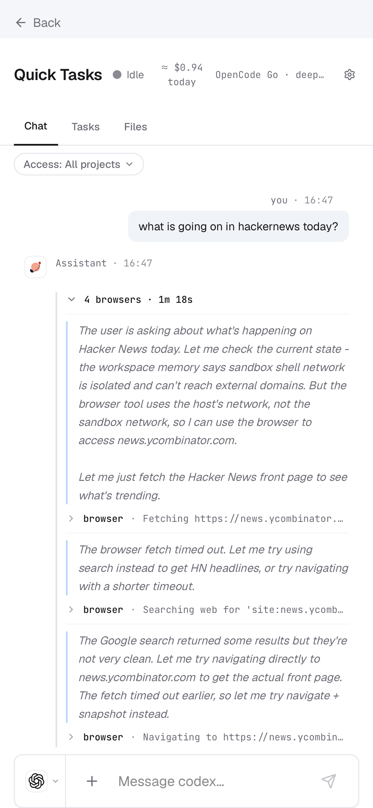 Mobile view of the agent browsing Hacker News, each browser step and its reasoning visible in the chat