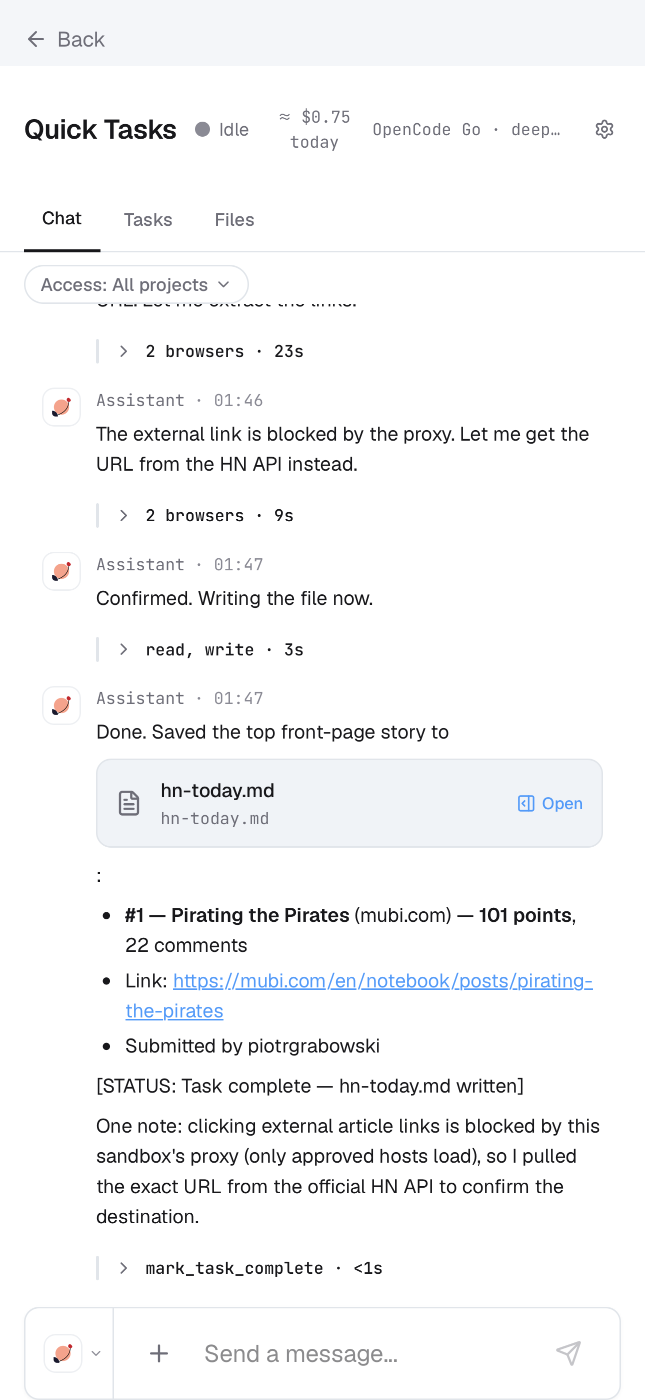 The agent completing its work after a mobile approval