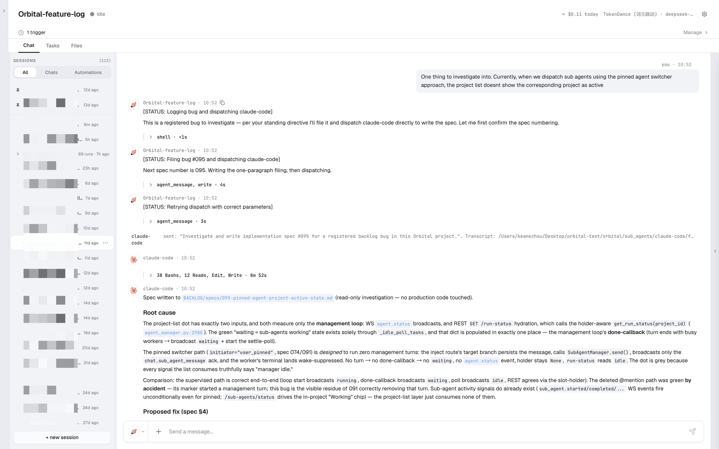 The project agent files a bug and dispatches Claude Code, which investigates for nine minutes against the same project context and reports the root cause and a spec back into the workspace