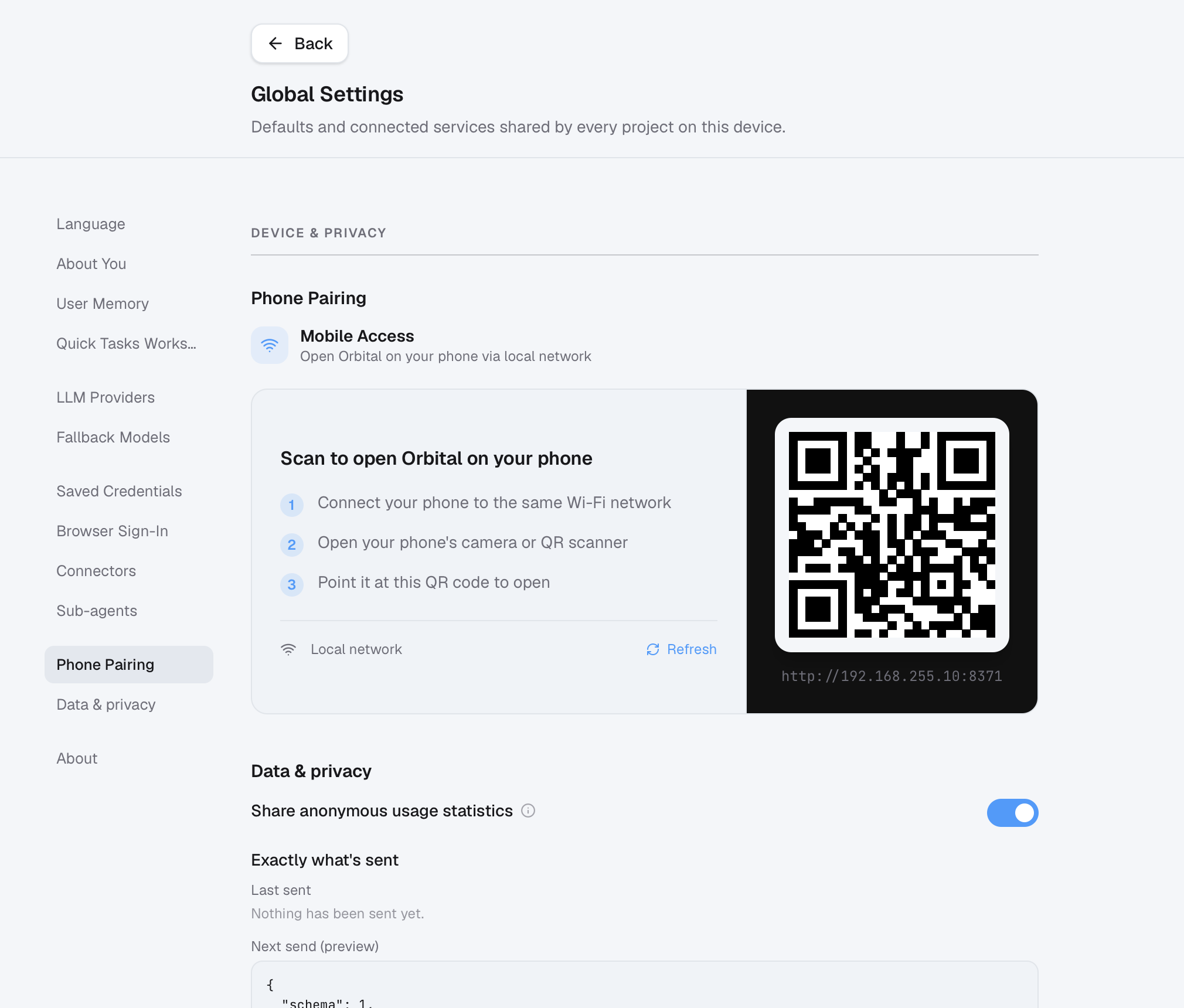 QR code in Settings for mobile access on the local network