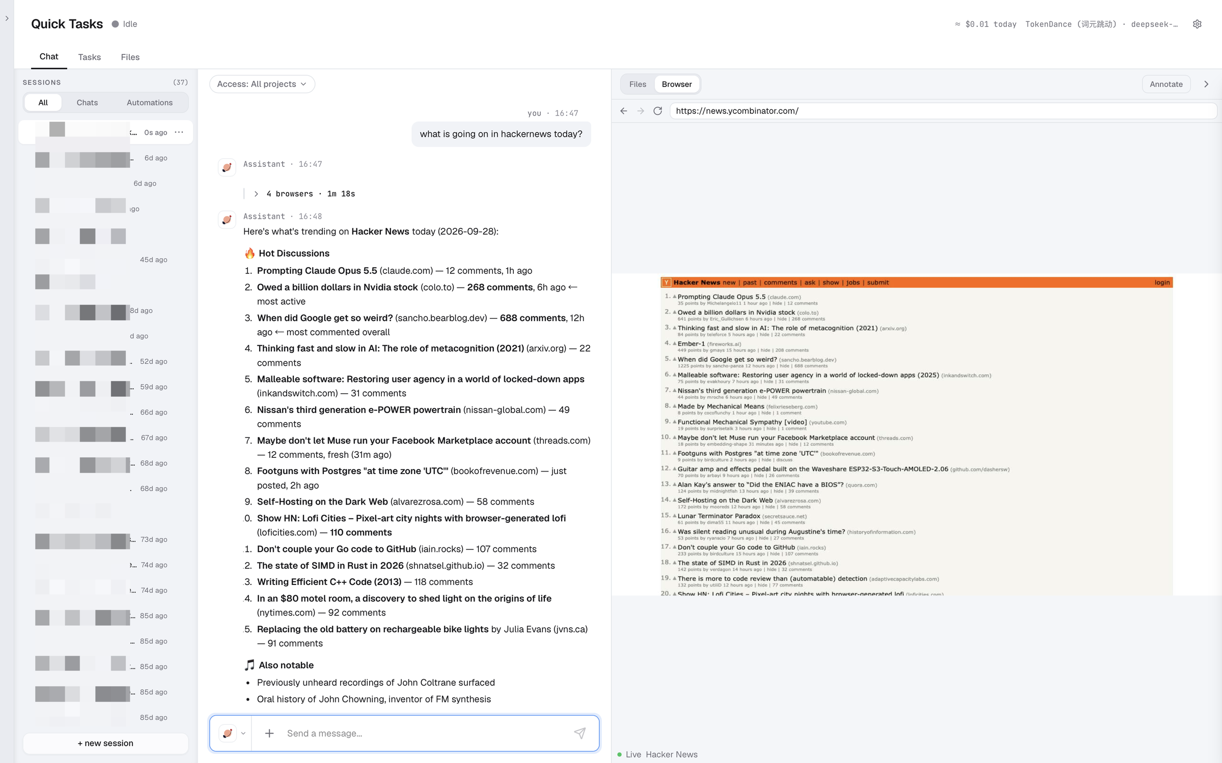 A fire-and-forget Quick Task (browsing Hacker News) returning structured results