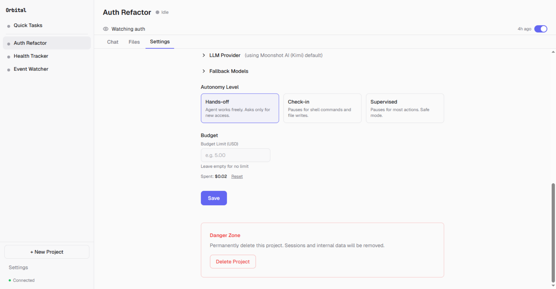 Project settings — autonomy presets and budget controls