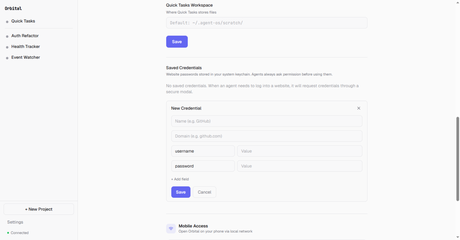 Credential store — website passwords stored in system keychain