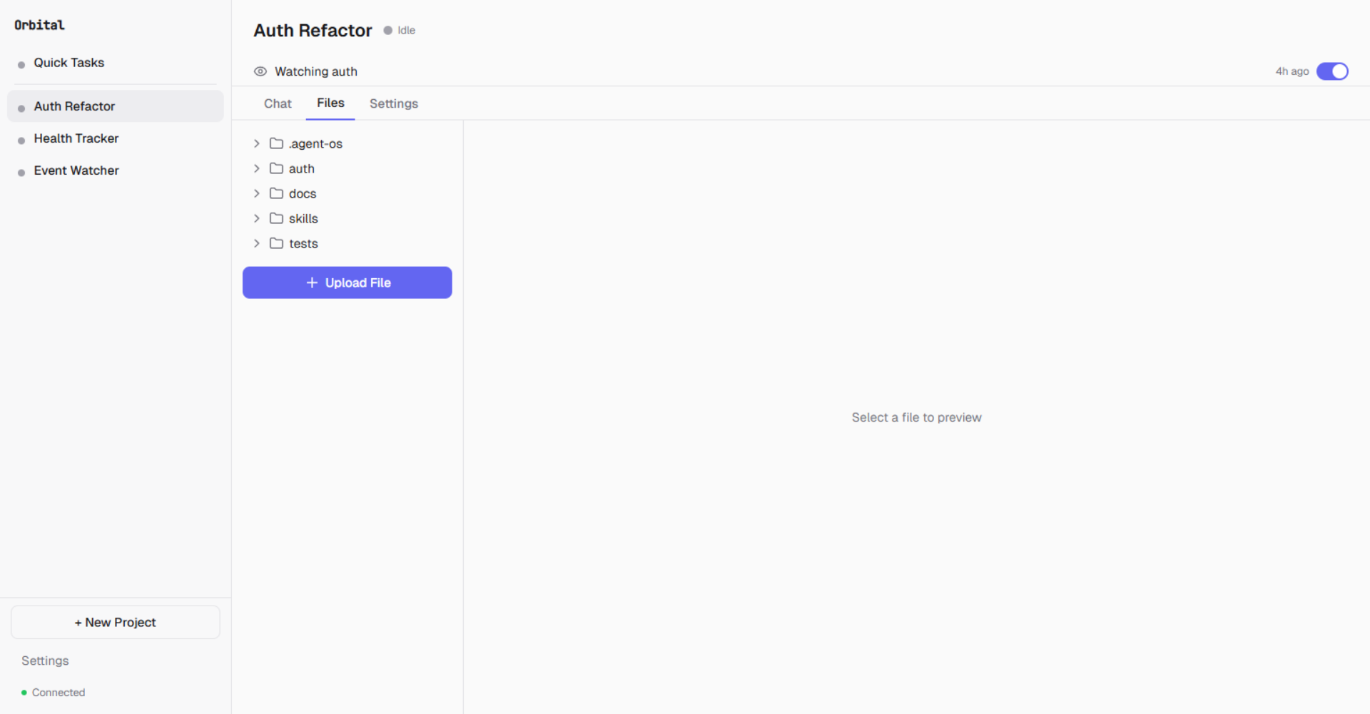 File explorer — browse and upload files in the project workspace