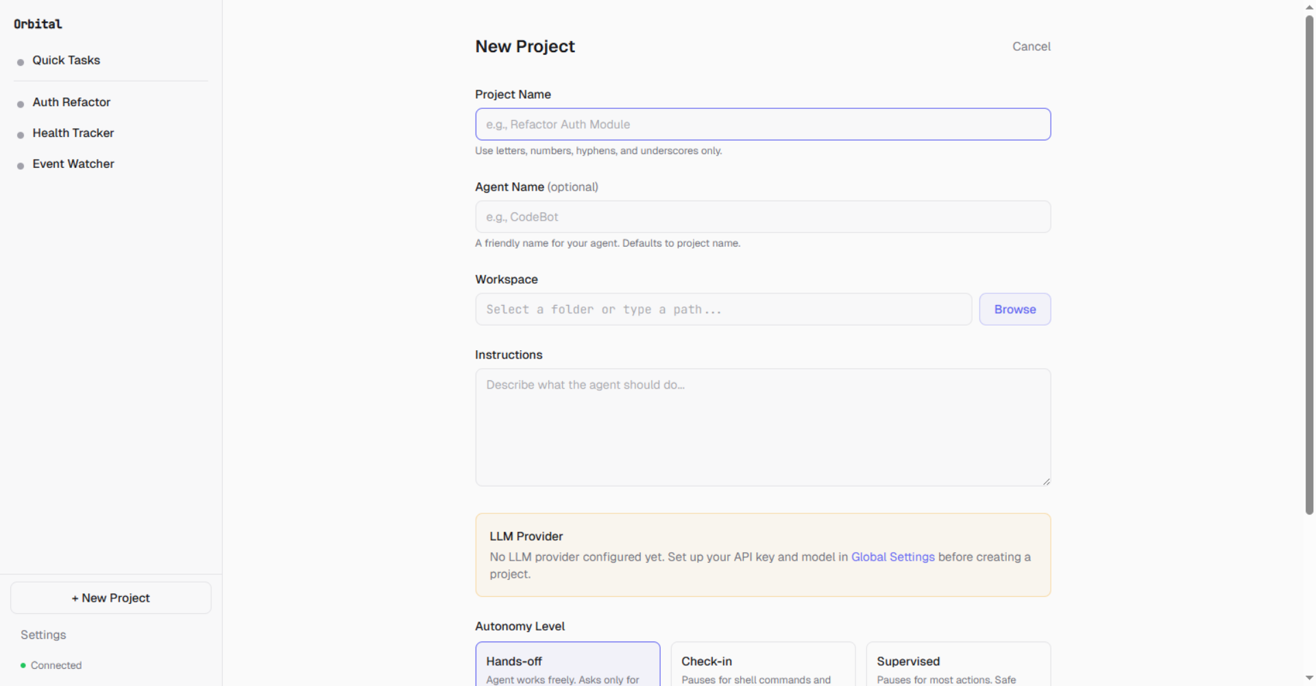 New project creation with workspace and autonomy settings