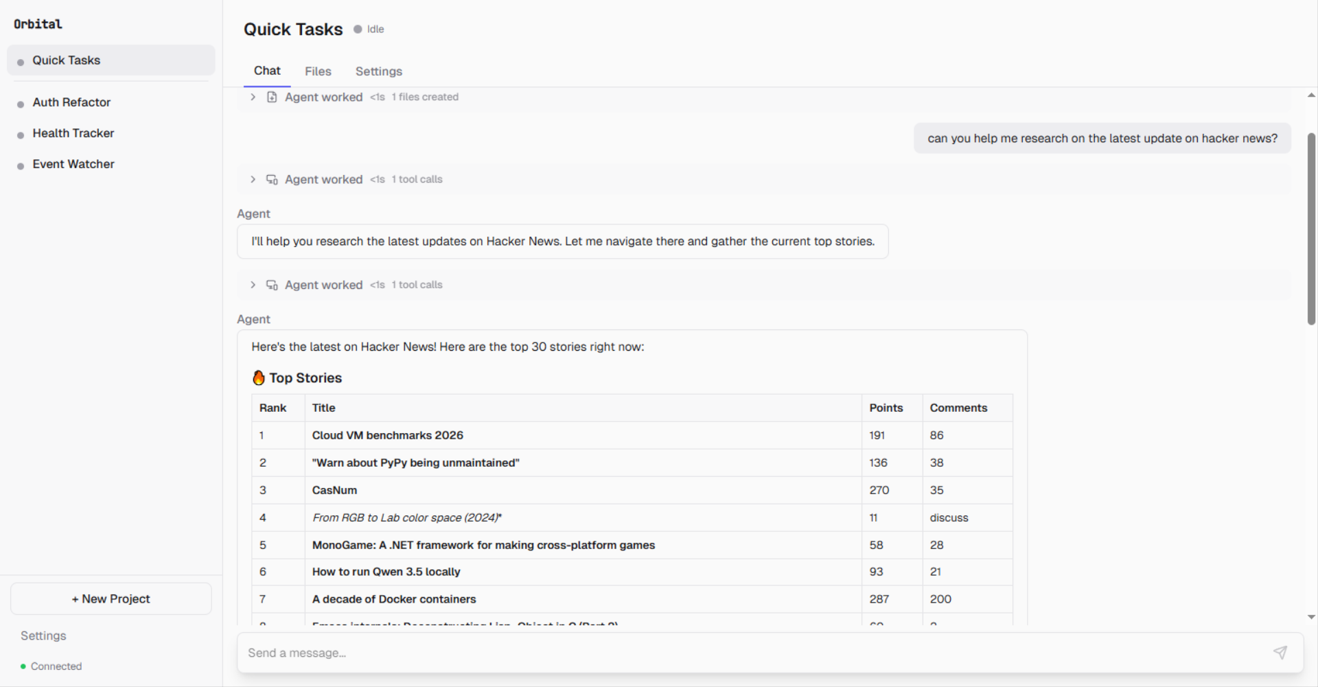 Quick Task — browsing Hacker News and returning structured results