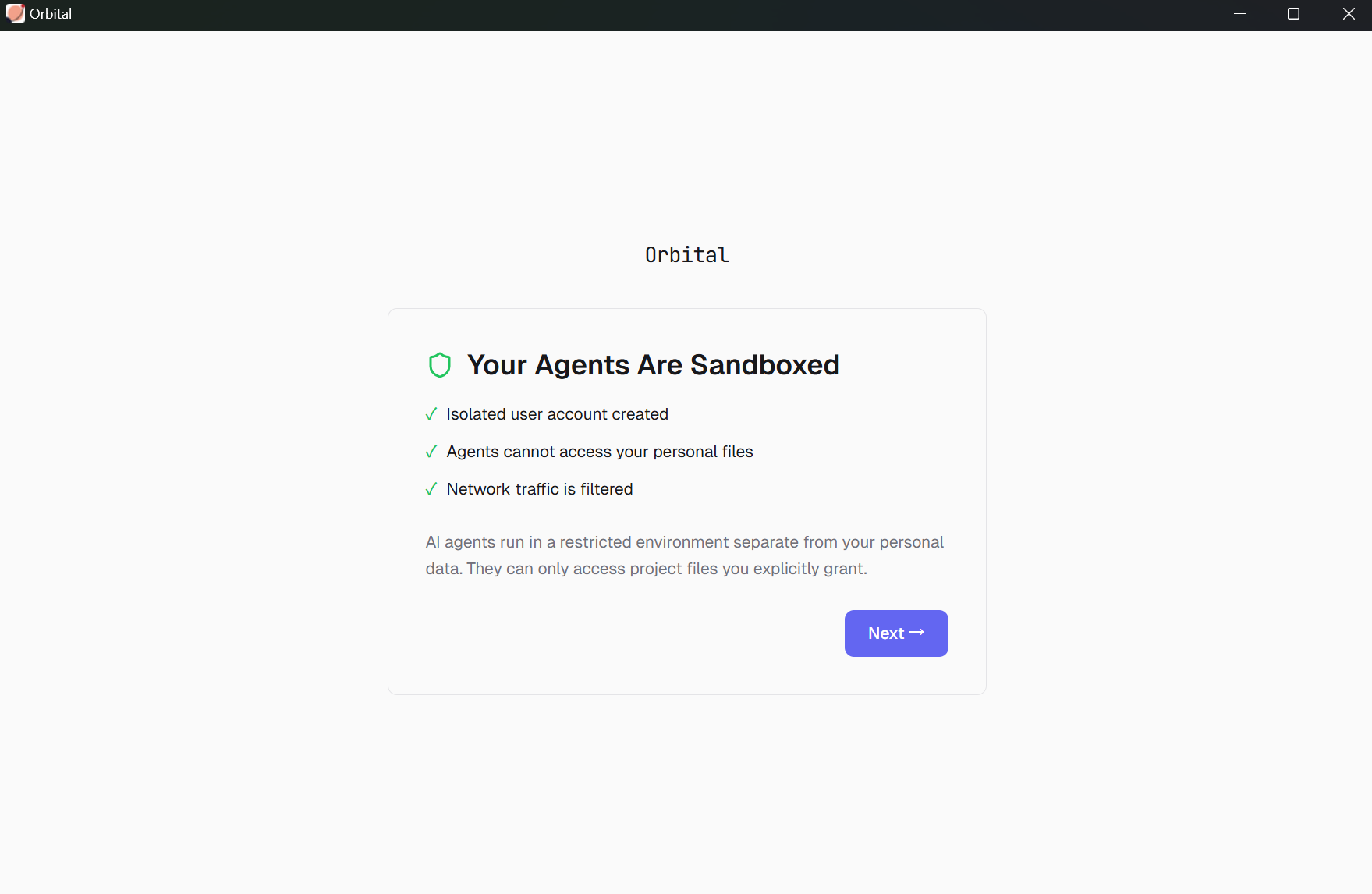 Setup wizard step 2 — sandbox isolation confirmation