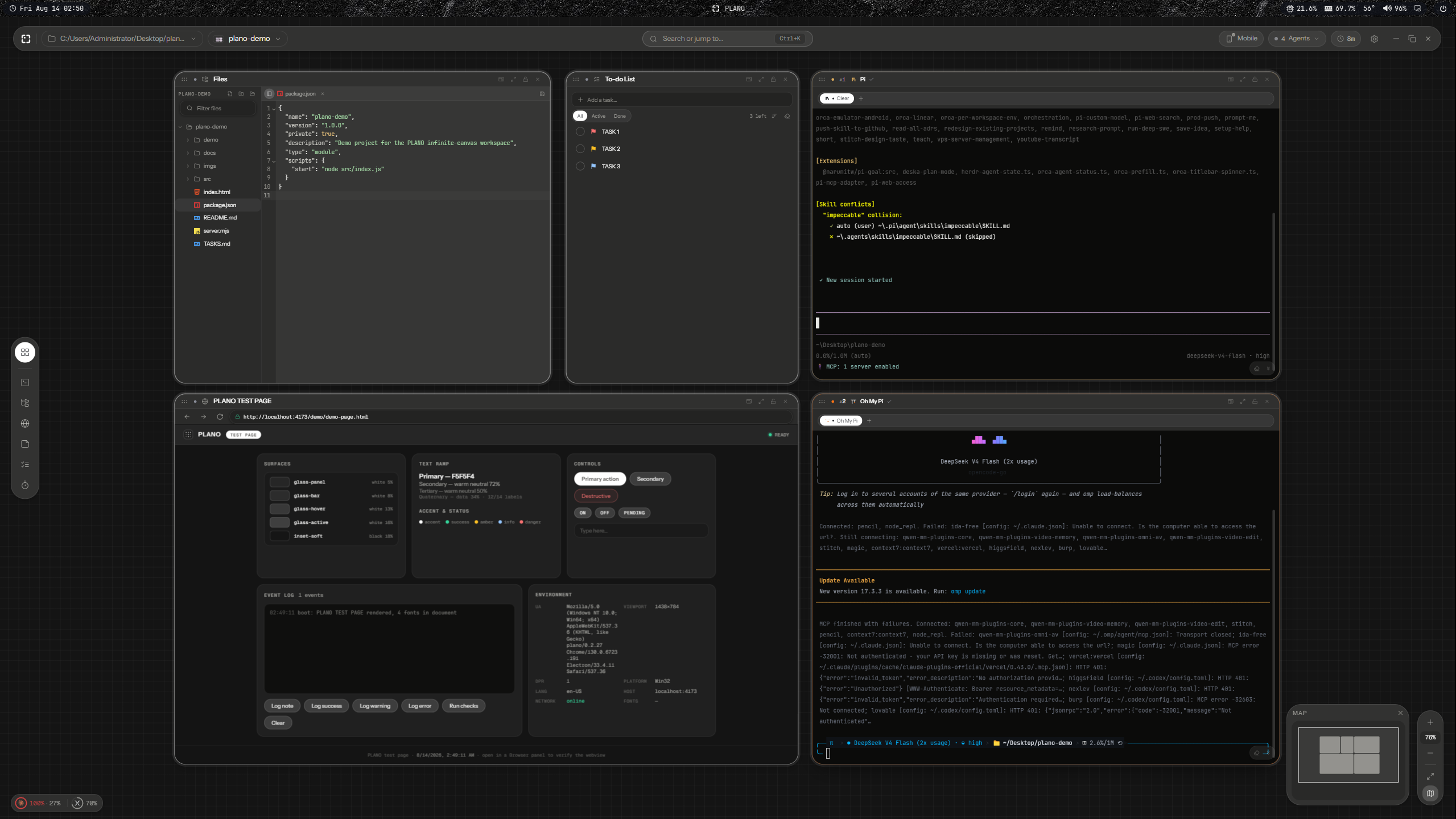 PLANO — four agents, an editor, a browser and a to-do list on one canvas