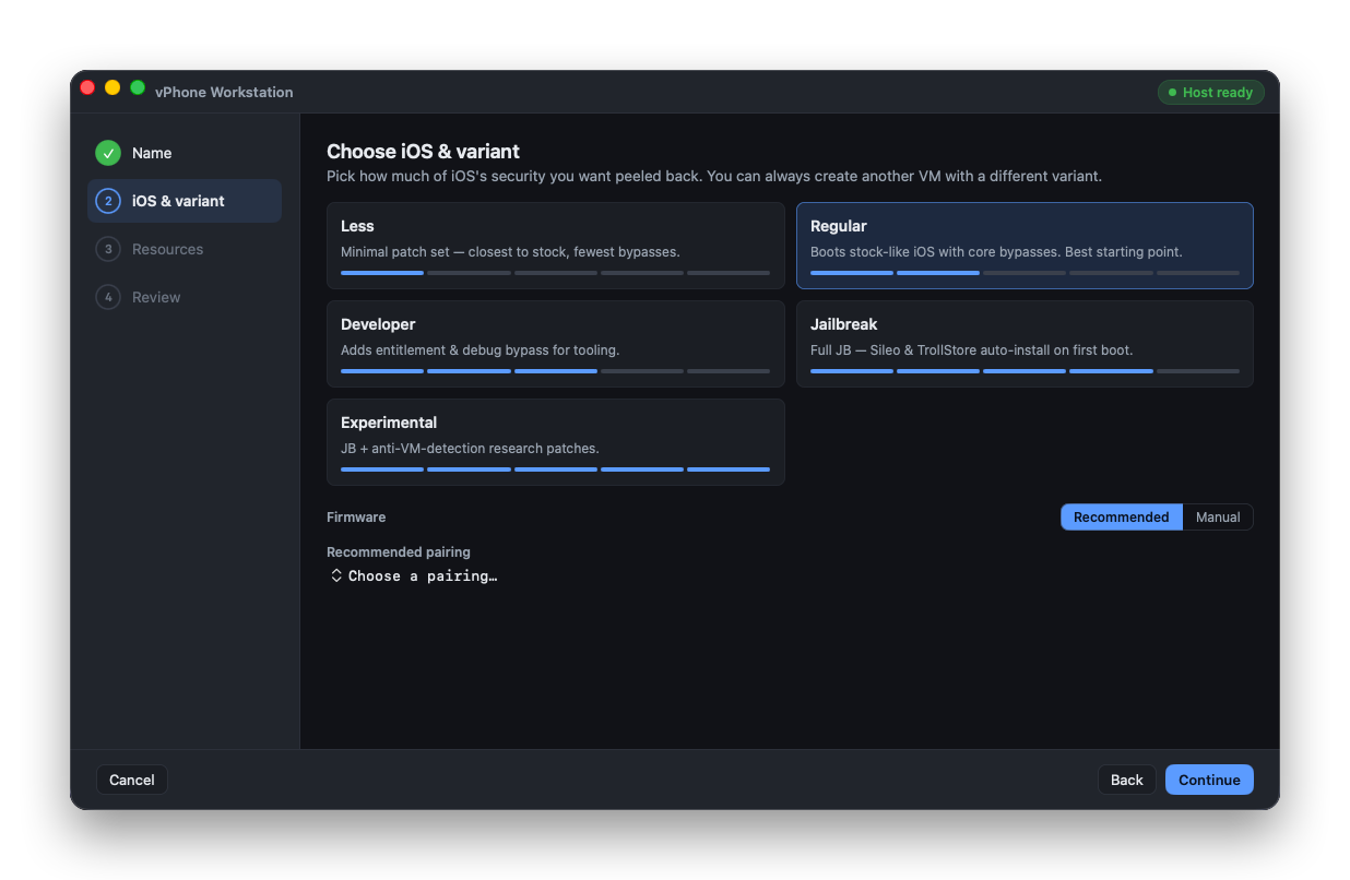 Create wizard - variant and firmware selection