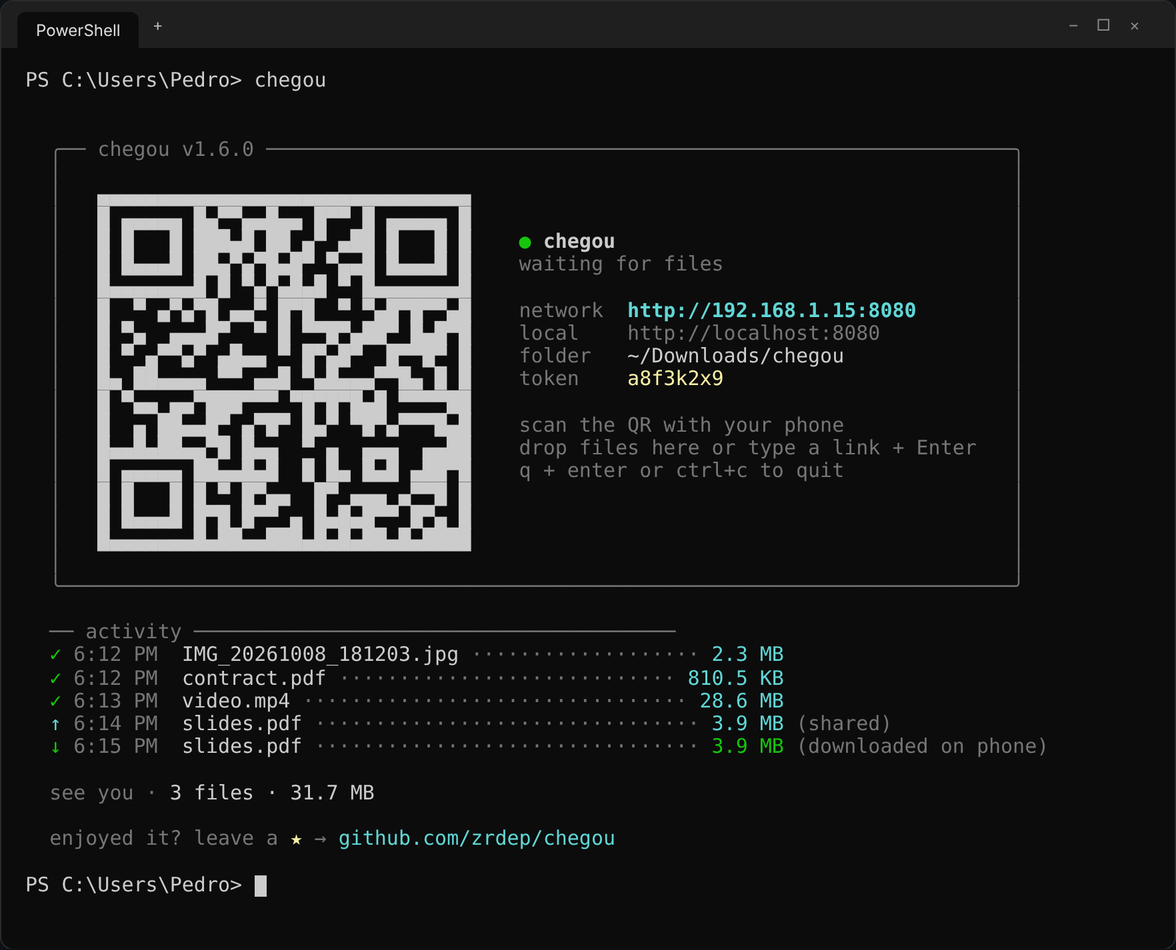 chegou terminal with a QR code, addresses and activity