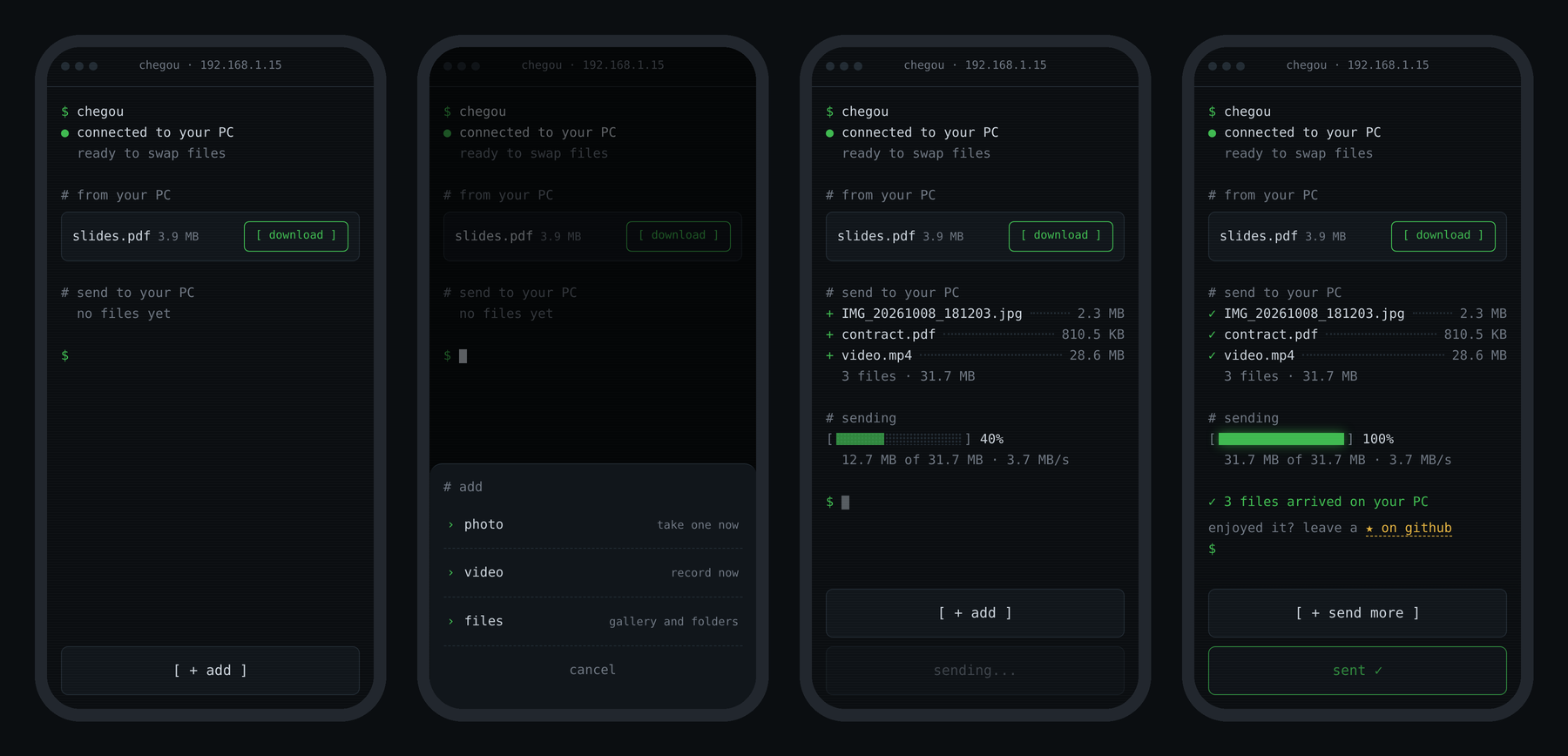 phone page: start, add menu, sending and done