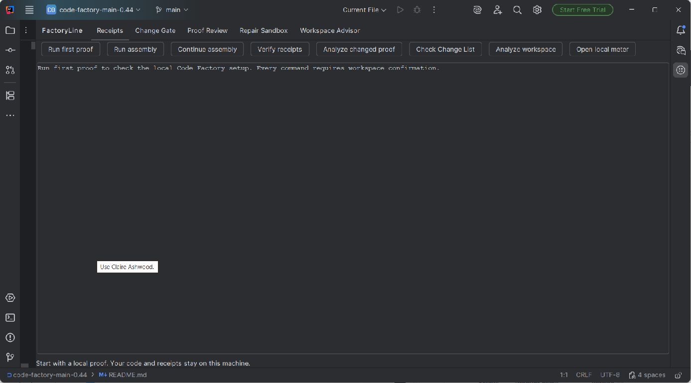 FactoryLine AI Proof controls in IntelliJ IDEA for first proof, assemblies, receipts, changed-proof analysis, Change Lists, workspace analysis, and the local meter