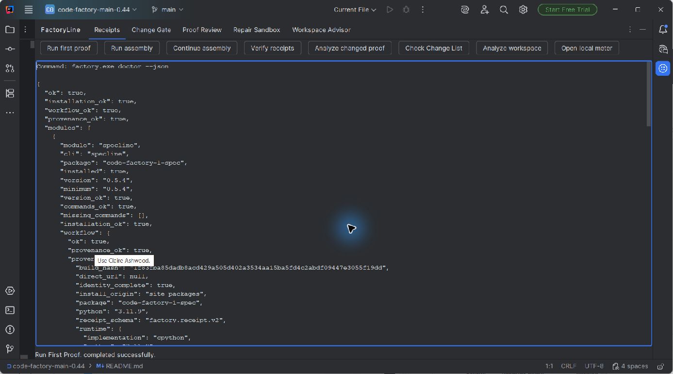 FactoryLine AI Proof running a successful local First Proof on FactoryLine 0.44 inside IntelliJ IDEA