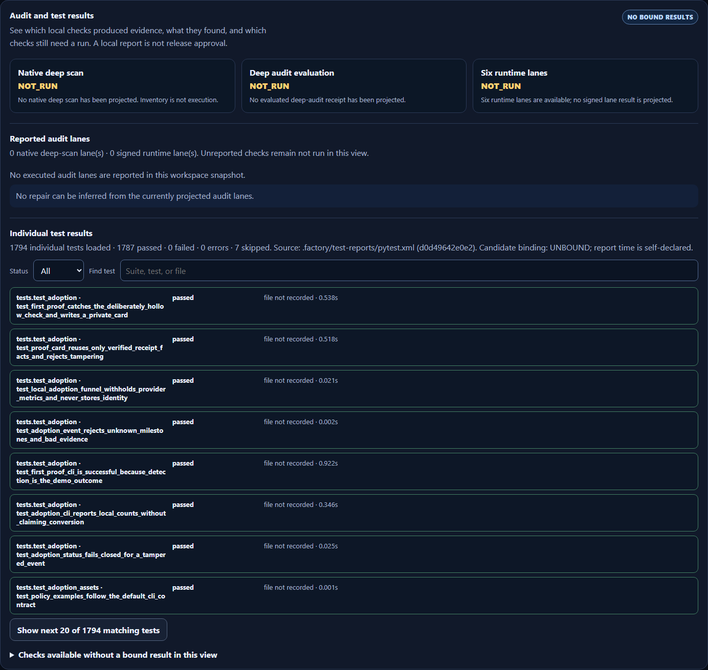 Updated Graph Ops audit results: labeled native deep scan, evaluated audit, six runtime lanes, and searchable individual test results