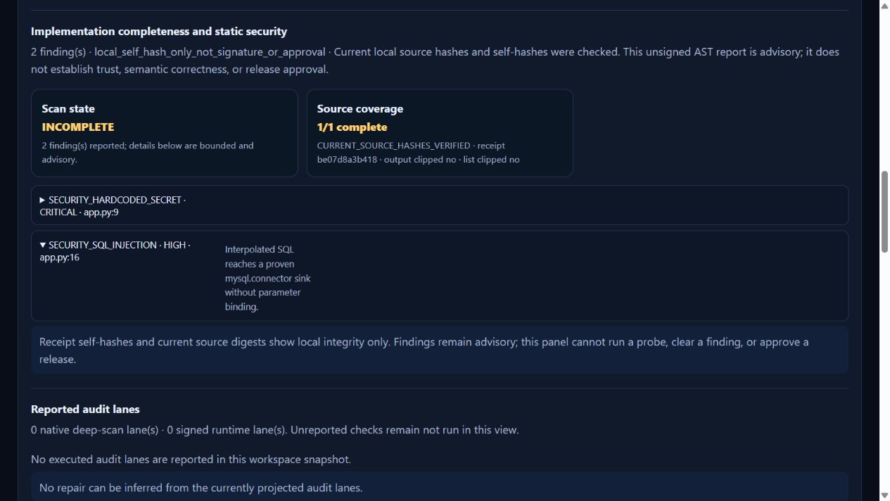 Actual CF Studio showing two planted security findings and current source hashes