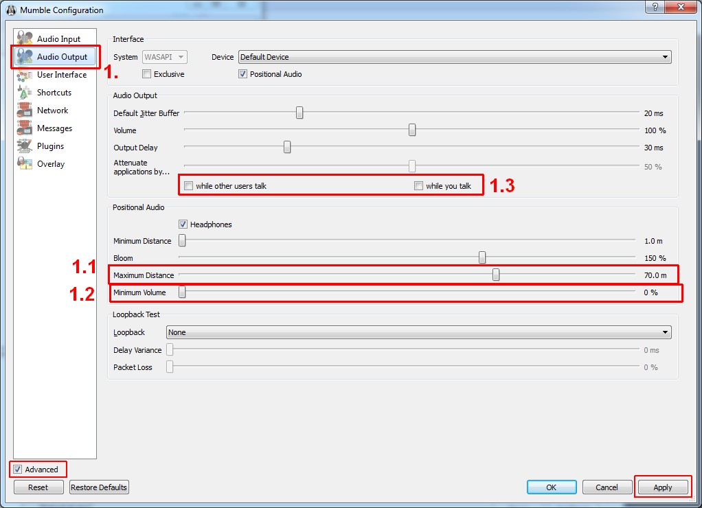 screenshot of optional settings with indicators for step 1