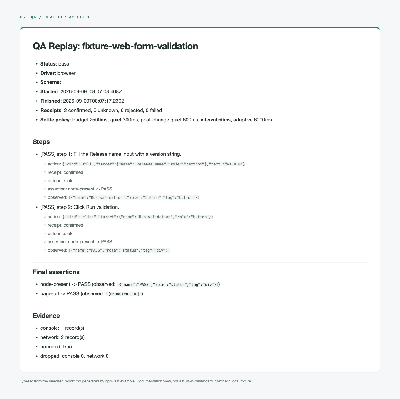 真实的 QA 浏览器回放报告：两个通过的步骤、最终断言与有界证据