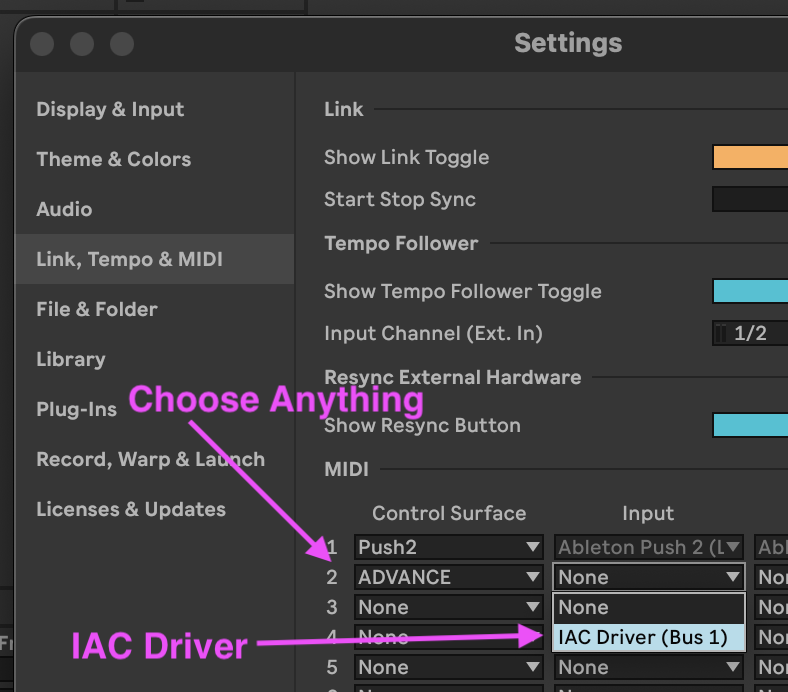 Control surface setup