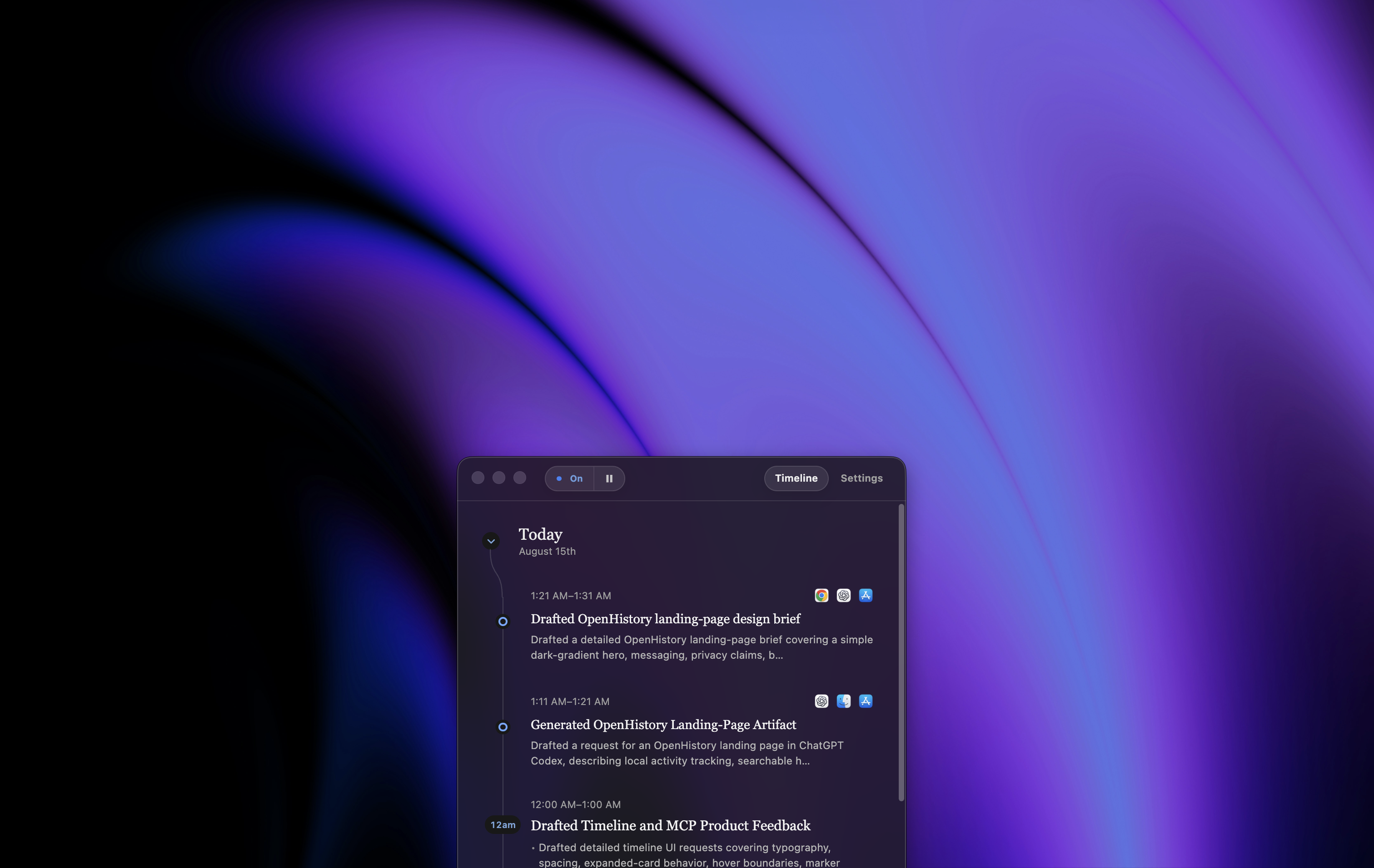 OpenHistory showing a private work timeline on macOS