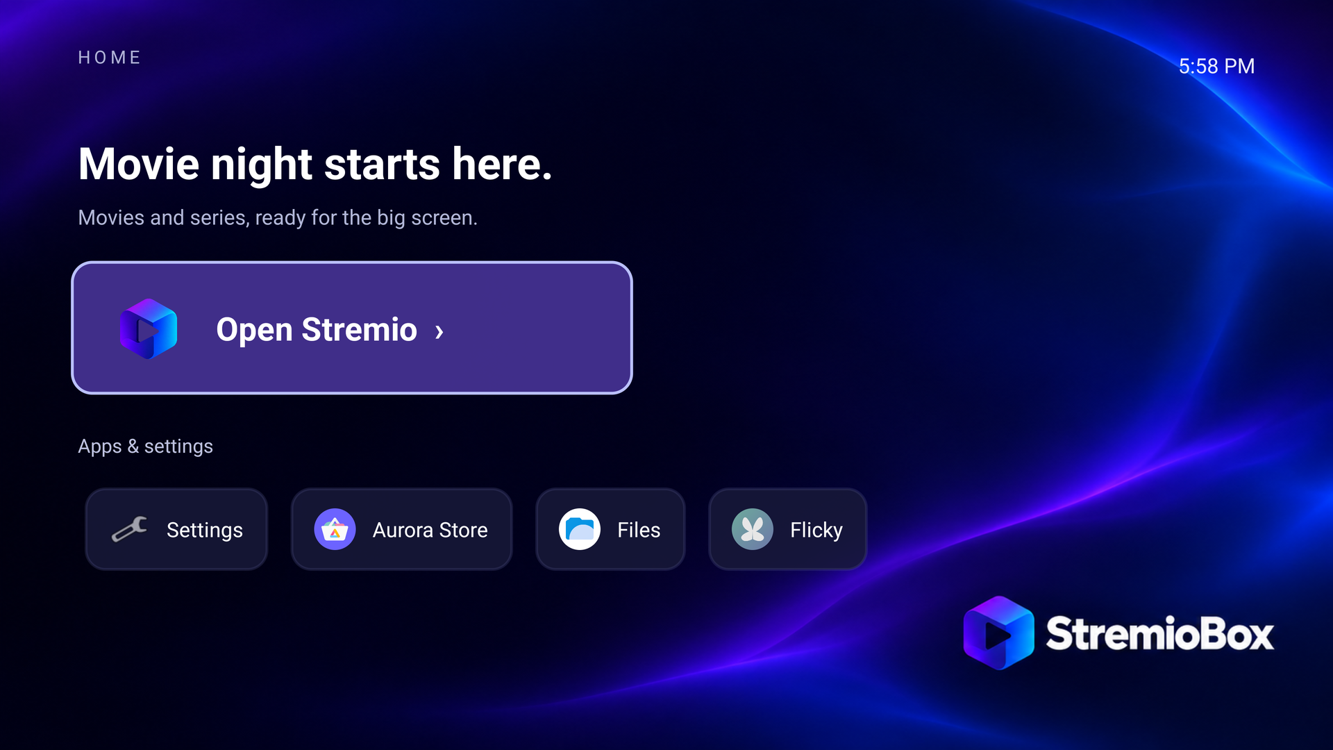 StremioBox Home with Aurora Store and Flicky