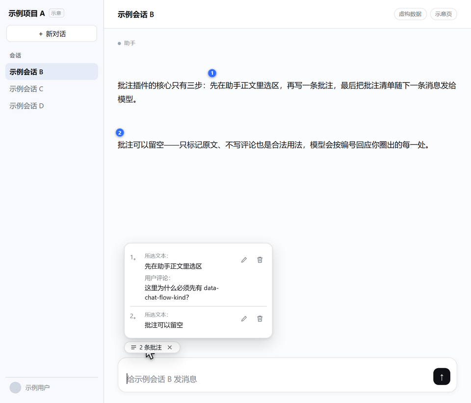 两条批注的编号角标,输入框旁的「2 条批注」悬停展开清单