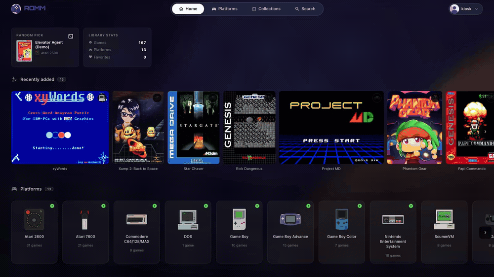 Browsing a library and playing a game in RomM