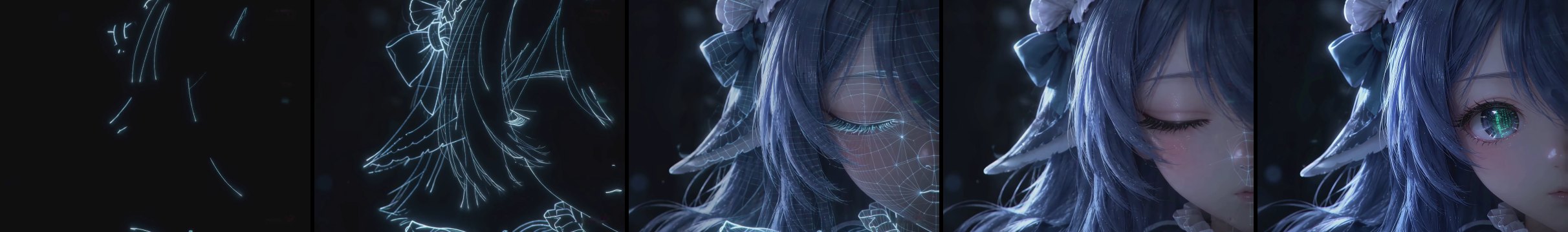 The intro: light strands, wireframe, face scan, closed eye, open eye