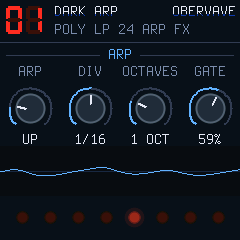 OberVave screen showing program 01 DARK ARP, the arpeggiator page with four knobs, a scope trace and eight voice LEDs