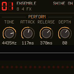 Shine On's screen: program 01 ENSEMBLE, the PERFORM page with four knobs, the scope, sixteen keyer LEDs