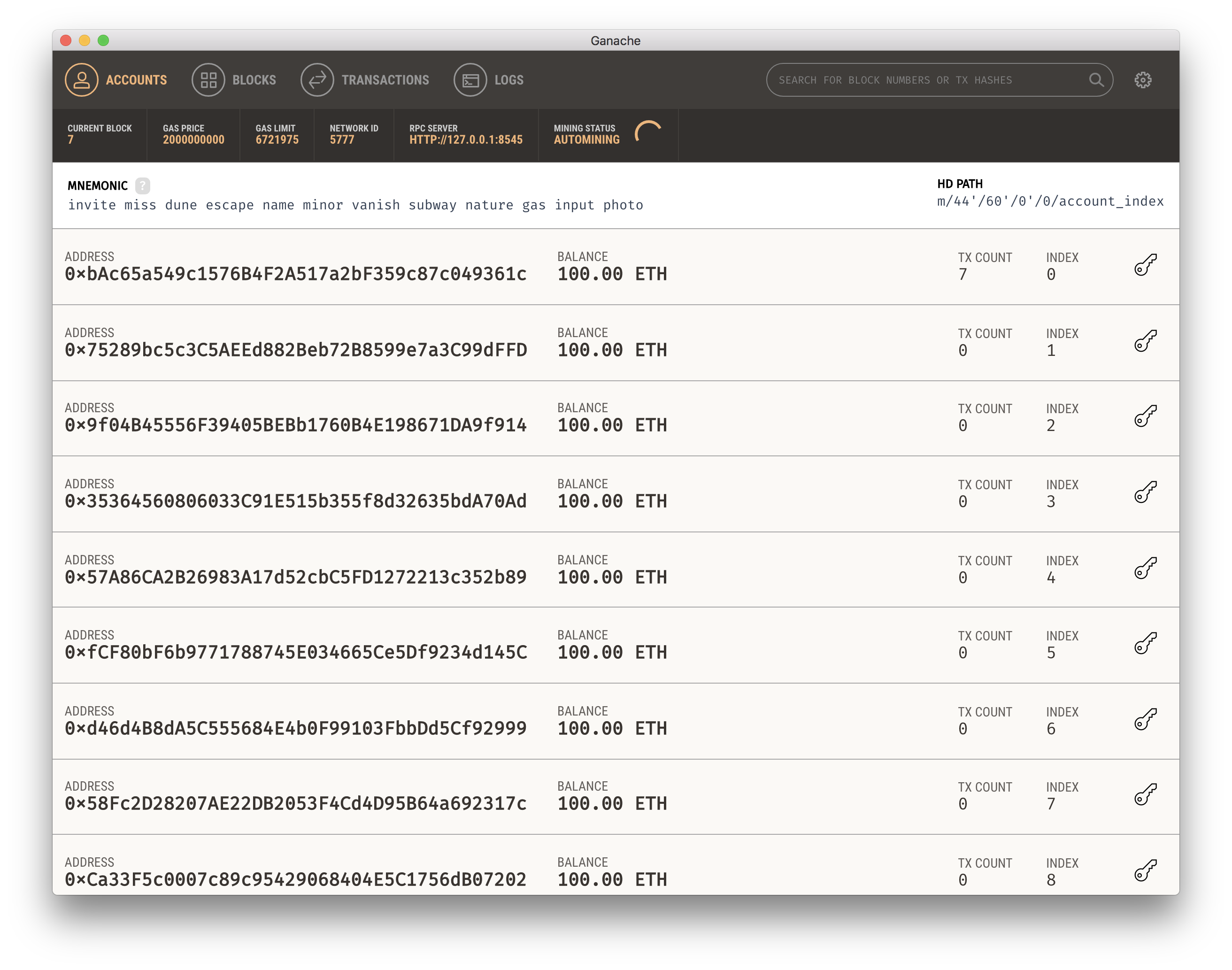 Account index. Ganache Etherium. Ganache gui.