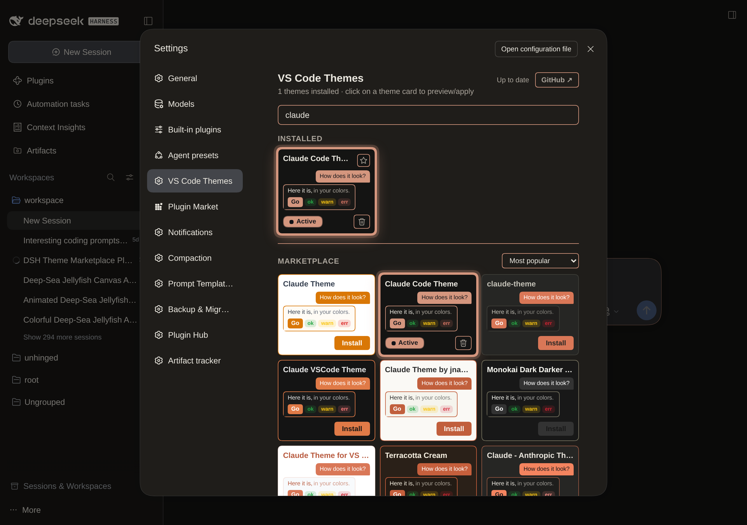 Claude Code Theme applied, search claude