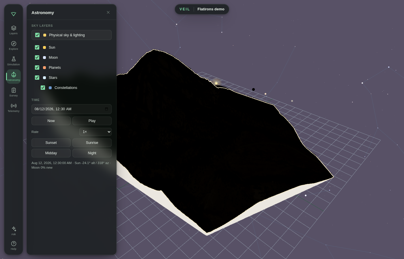 Mazzap astronomy simulation: physical night sky, stars, constellations, moon and planet markers over the Flatirons demo VEIL