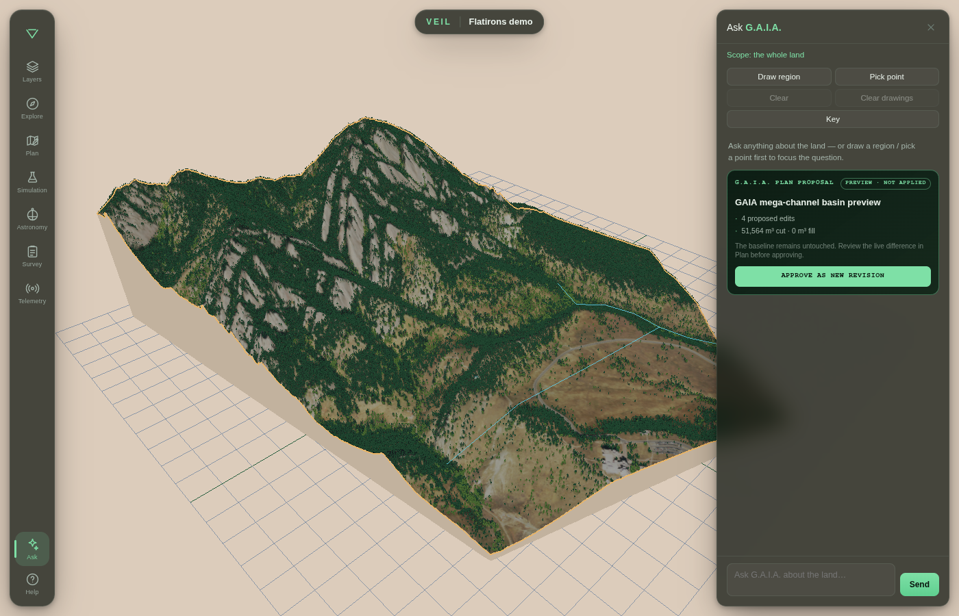 Ask G.A.I.A. showing an unapplied Flatirons land-plan proposal, screening quantities, the live Difference overlay, and the explicit Approve as new revision action