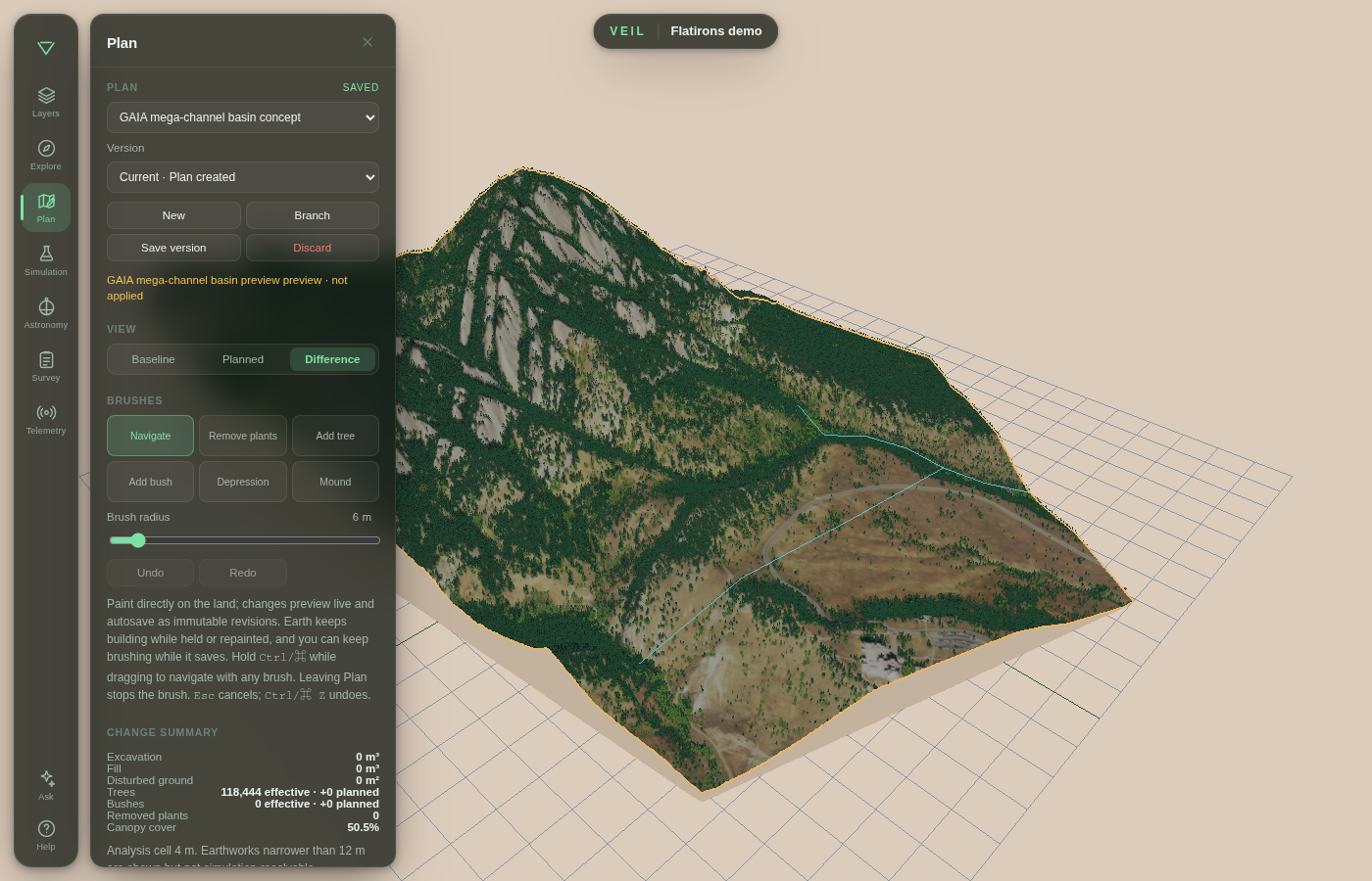 VEIL Plan workspace showing the Flatirons demo, live Difference view, terrain and vegetation brushes, version controls, and change summary