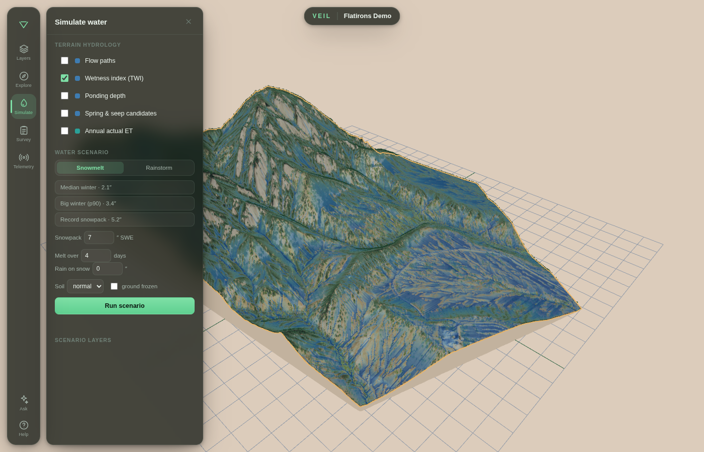 Mazzap hydrology simulation: topographic wetness index and flow paths draped on the terrain of the Flatirons demo VEIL