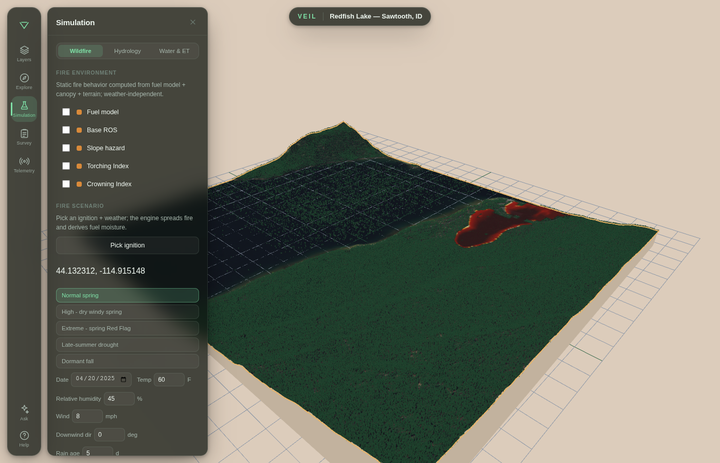Mazzap wildfire simulation: modeled fire arrival footprint draped on the terrain of the Sawtooth demo VEIL