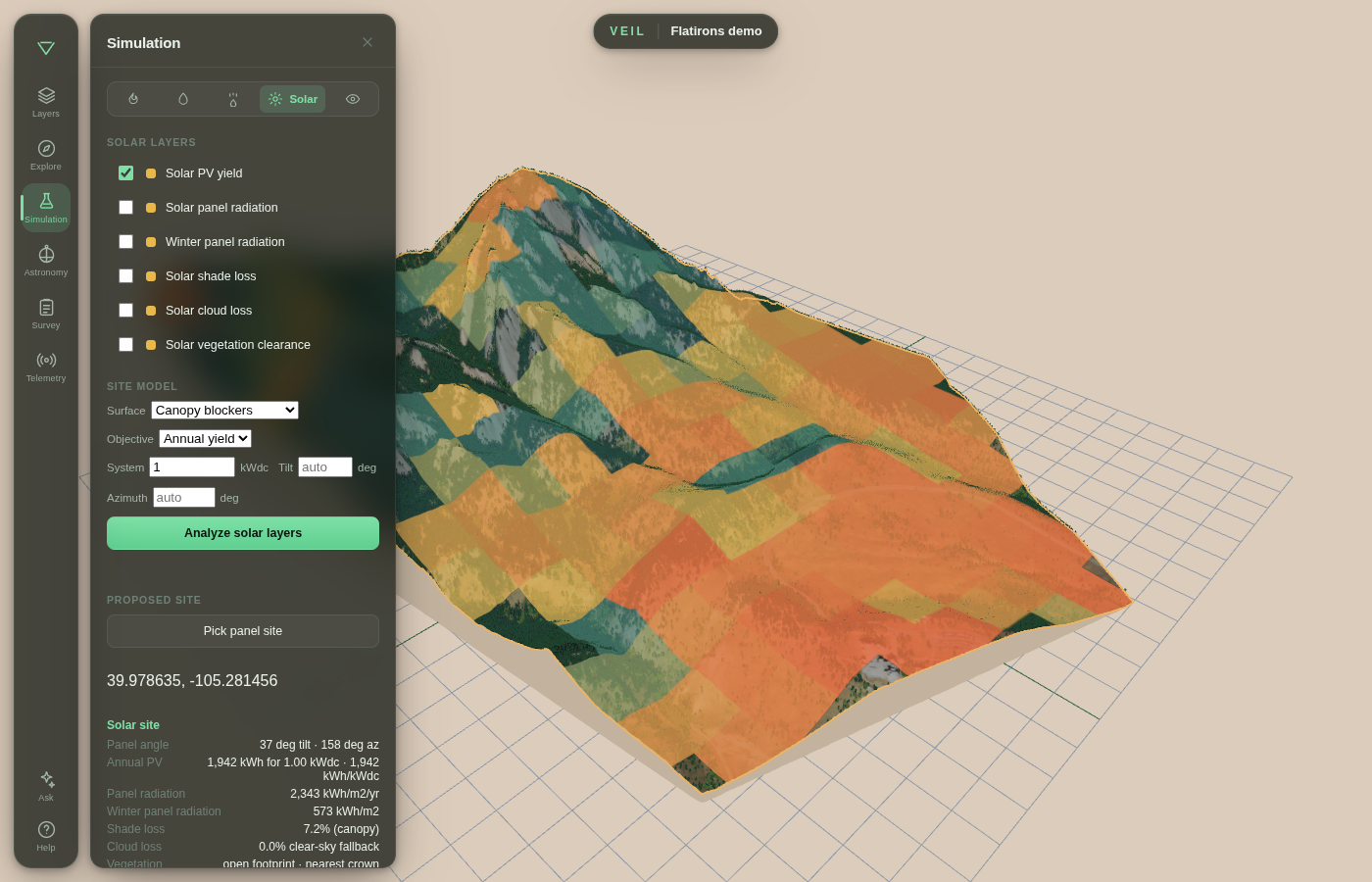 Mazzap solar siting simulation: annual PV yield heatmap and a picked panel-site recommendation over the Flatirons demo VEIL