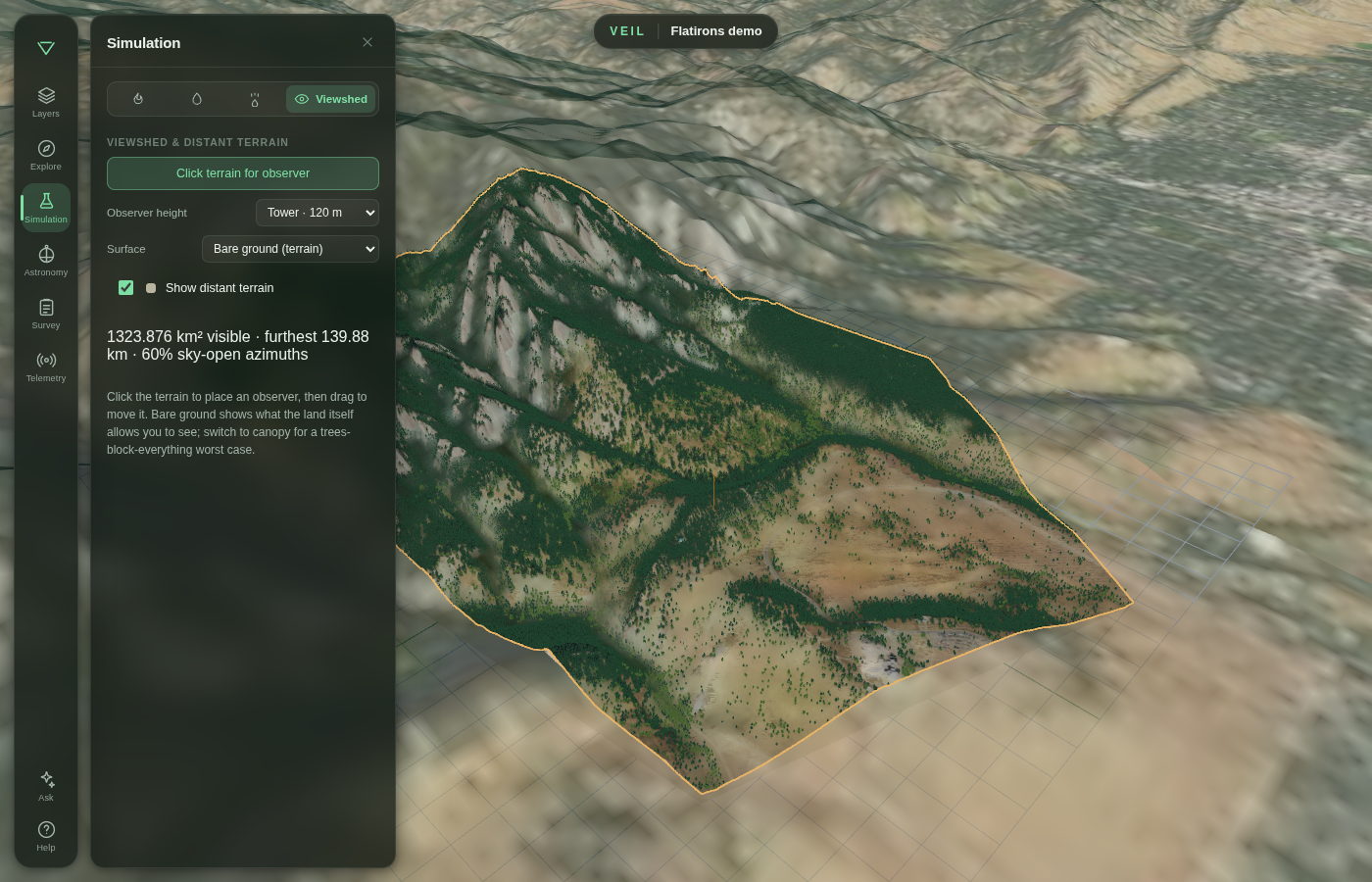 Mazzap viewshed simulation: a tower-height observer, computed visible area, and 3DEP distant terrain around the Flatirons demo VEIL