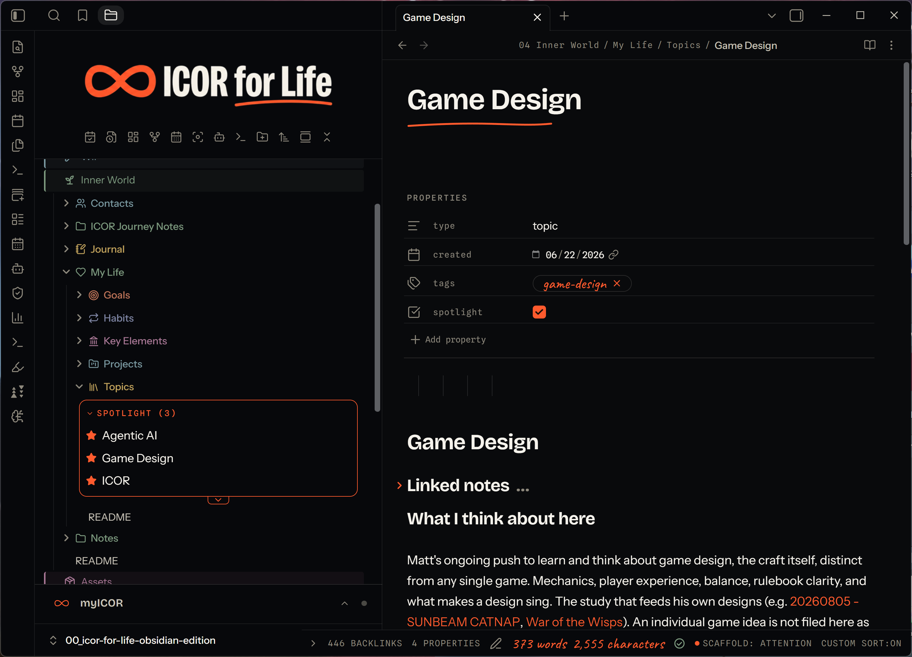 The full Obsidian window: the Spotlight shelf in the left file-explorer panel, and the starred note open on the right with its spotlight property checked in the note's frontmatter