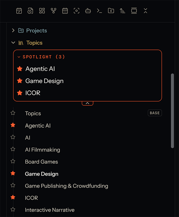 The Spotlight shelf: a starred-items shelf sitting above the Topics folder in Obsidian's file explorer, showing three starred notes with filled stars, and the full Topics list below with hollow stars on everything else