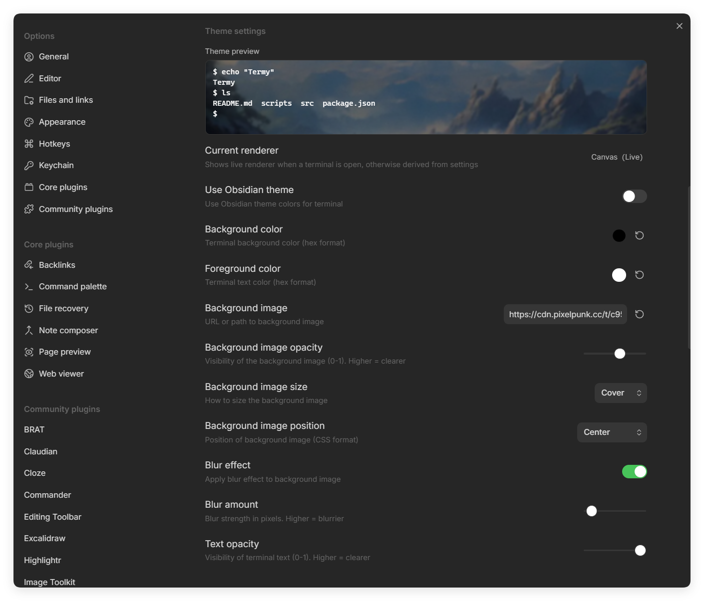 Termy theme settings with background image, blur, and text opacity controls